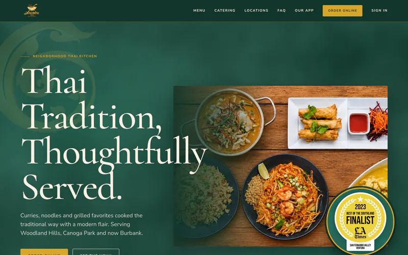 Anantra Thai’s website: “Thai Tradition, Thoughtfully Served.” in cream serif on deep green, beside curries, spring rolls and noodles.