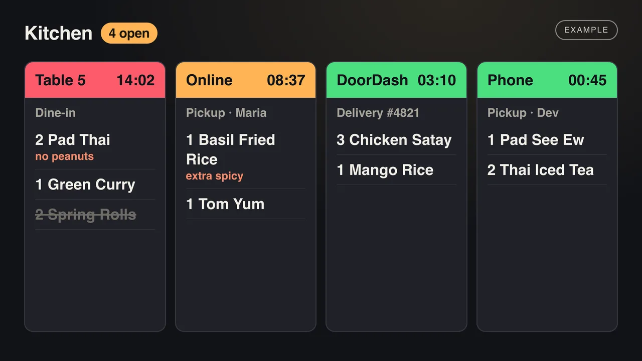 Example screen: kitchen tickets from a table, an online order, DoorDash and a phone order, each with its own timer.