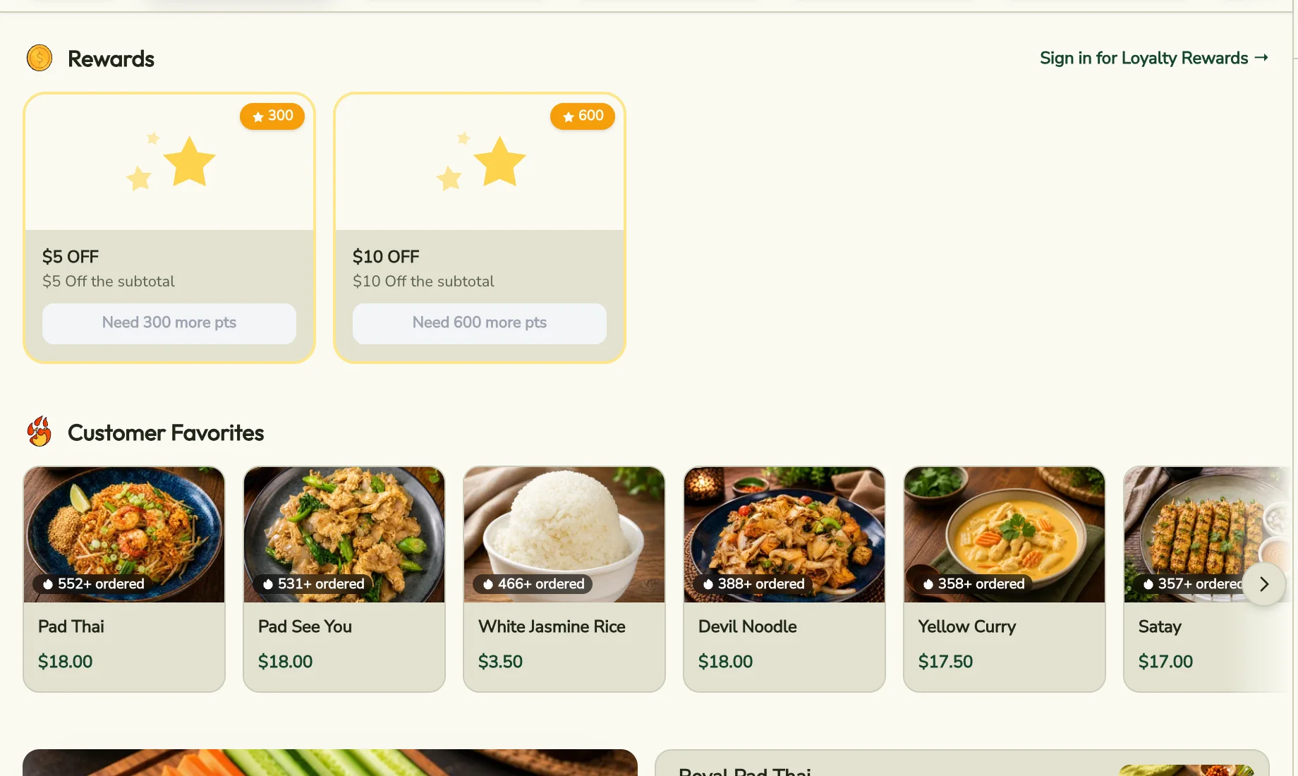 Rewards on Anantra Thai's Blizzfull ordering page: $5 off at 300 points and $10 off at 600 points.