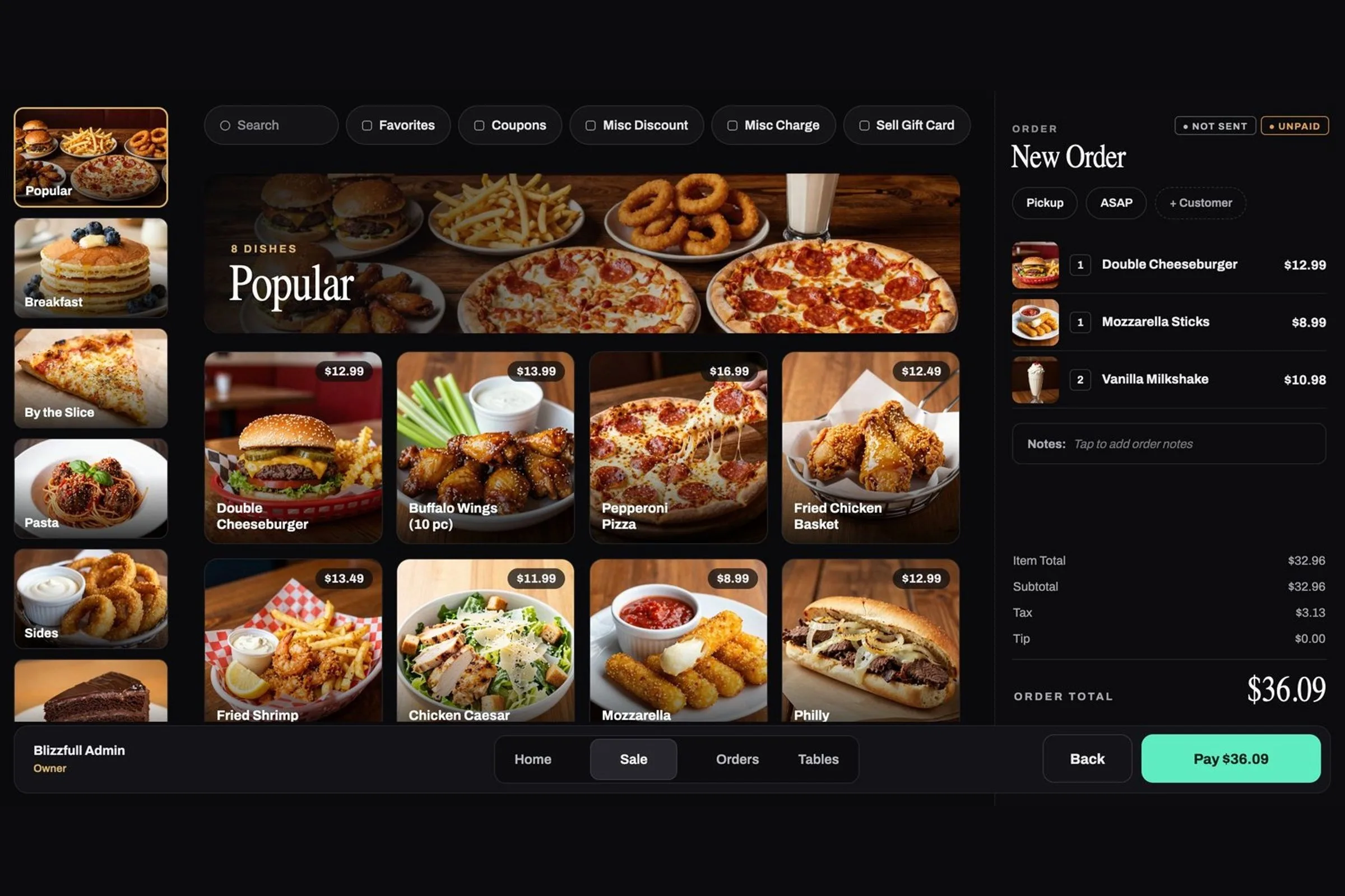 The Blizzfull POS sale screen with a Pay $36.09 button.