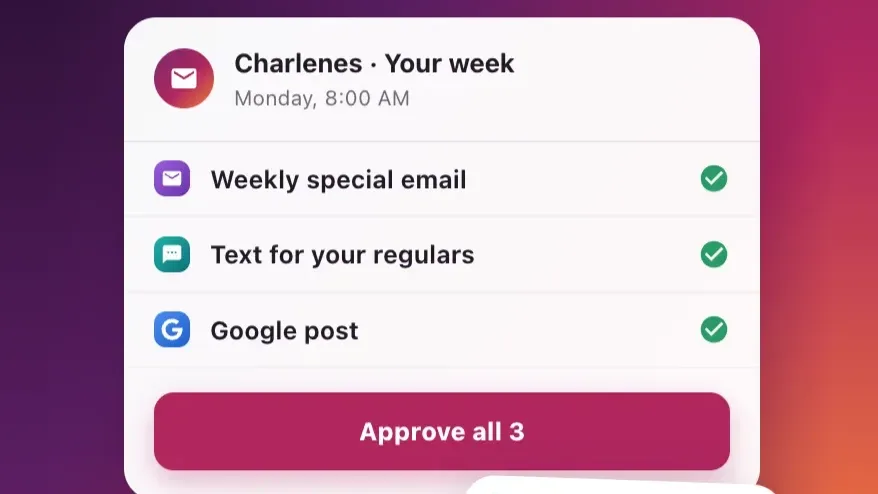 Marketing Studio for Charlene's: this week's email, text and Google post, approved in one tap.