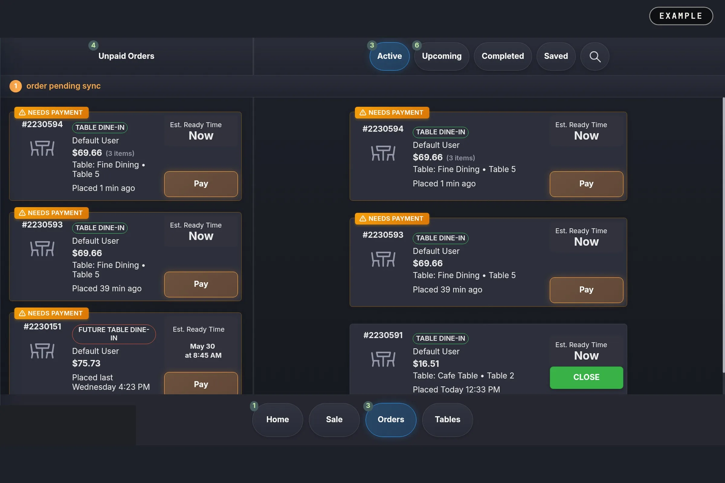 The Blizzfull orders board with dine-in orders for named tables, ready times and Pay buttons.