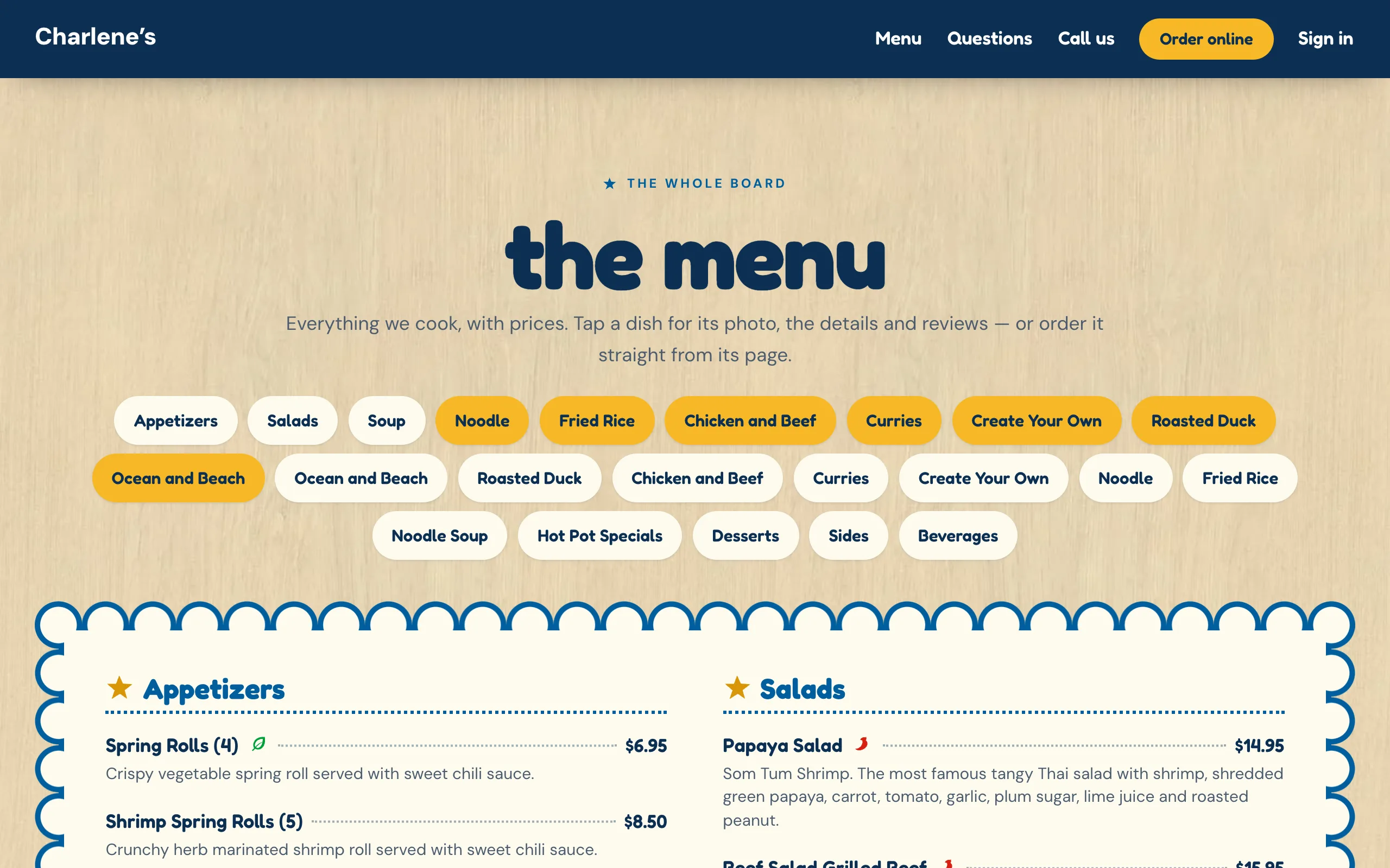 Charlene’s menu page: “the menu”, category buttons and the appetizers and salads with their prices.