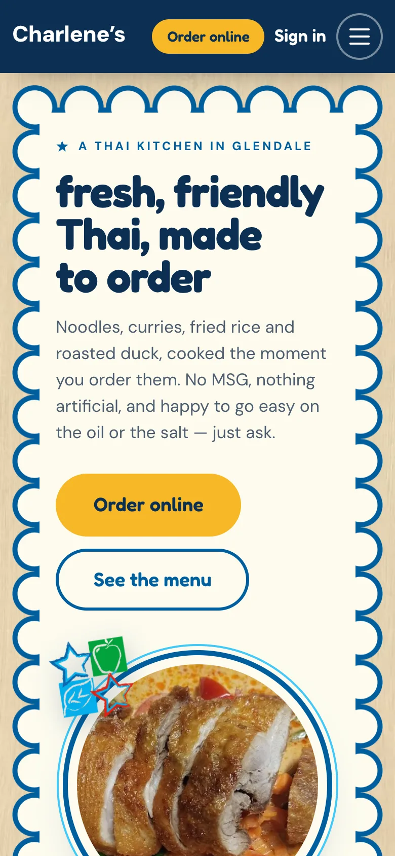 Charlene’s website on a phone: “fresh, friendly Thai, made to order” over a photo of roasted duck, with an ordering button.